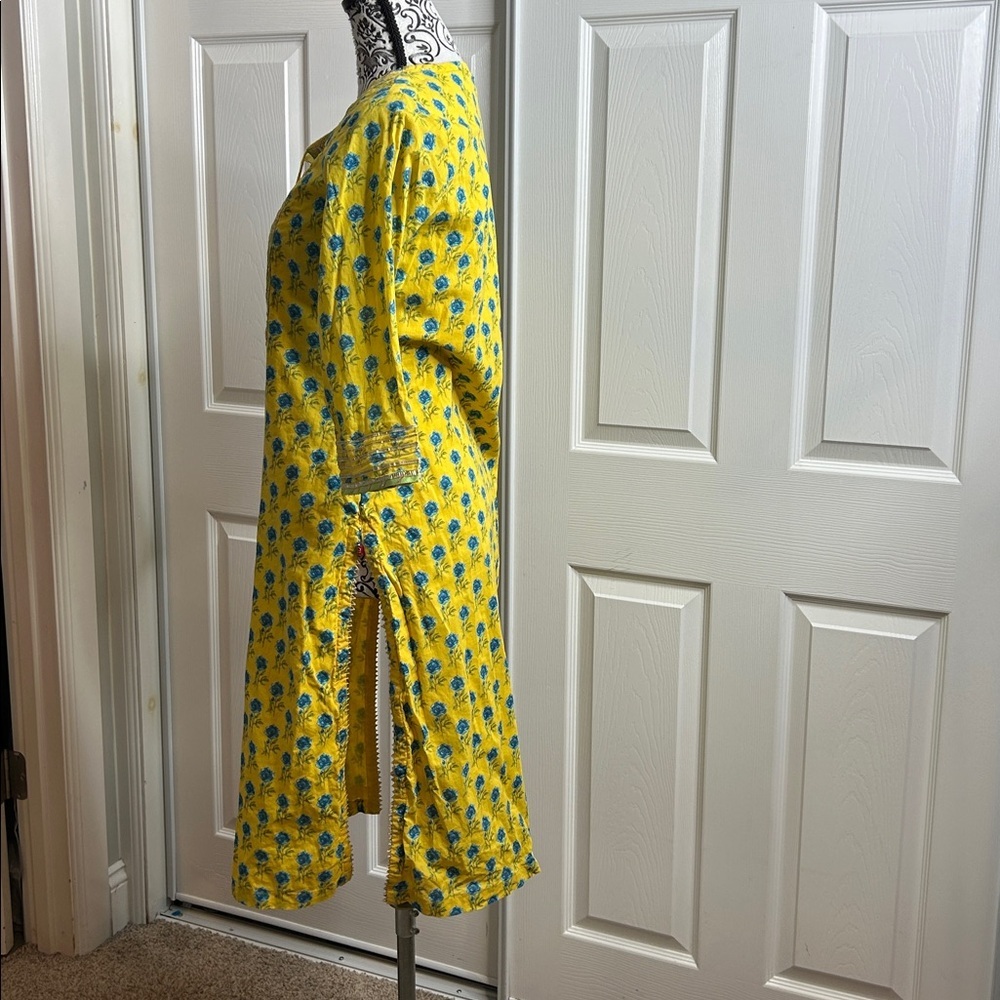 Biba Yellow Blue Floral Long Sleeve Dress Long Silt 34 Tassel‎ - Picture 3 of 14